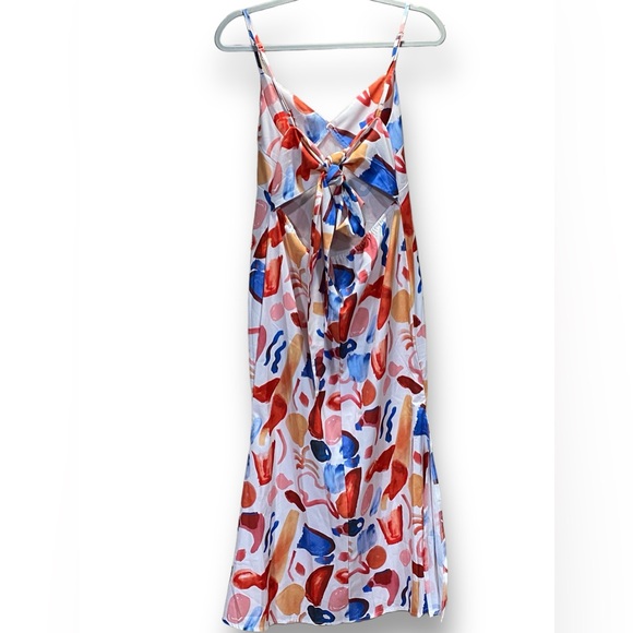 Abstract Paint Print Tie-Back Slip Dress Size Small Cutout Midi Spaghetti Strap - Picture 2 of 6